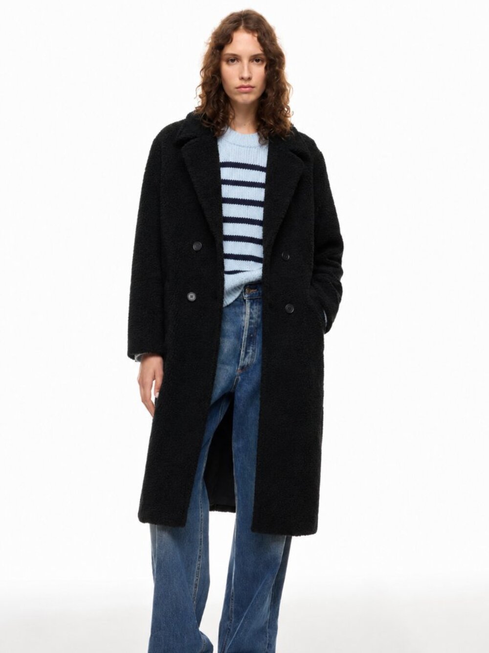 Splendid Sivan Boucle Coat Black Medium Double Breasted Long Jacket